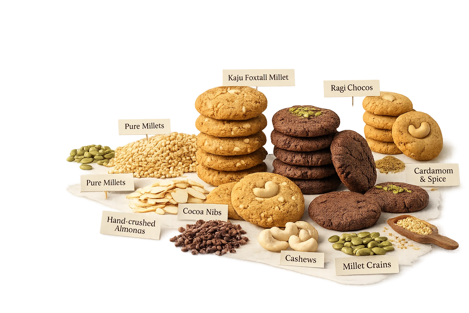 An assortment of Millettia's freshly baked millet cookies with almonds, cashews, pumpkin seeds and cocoa